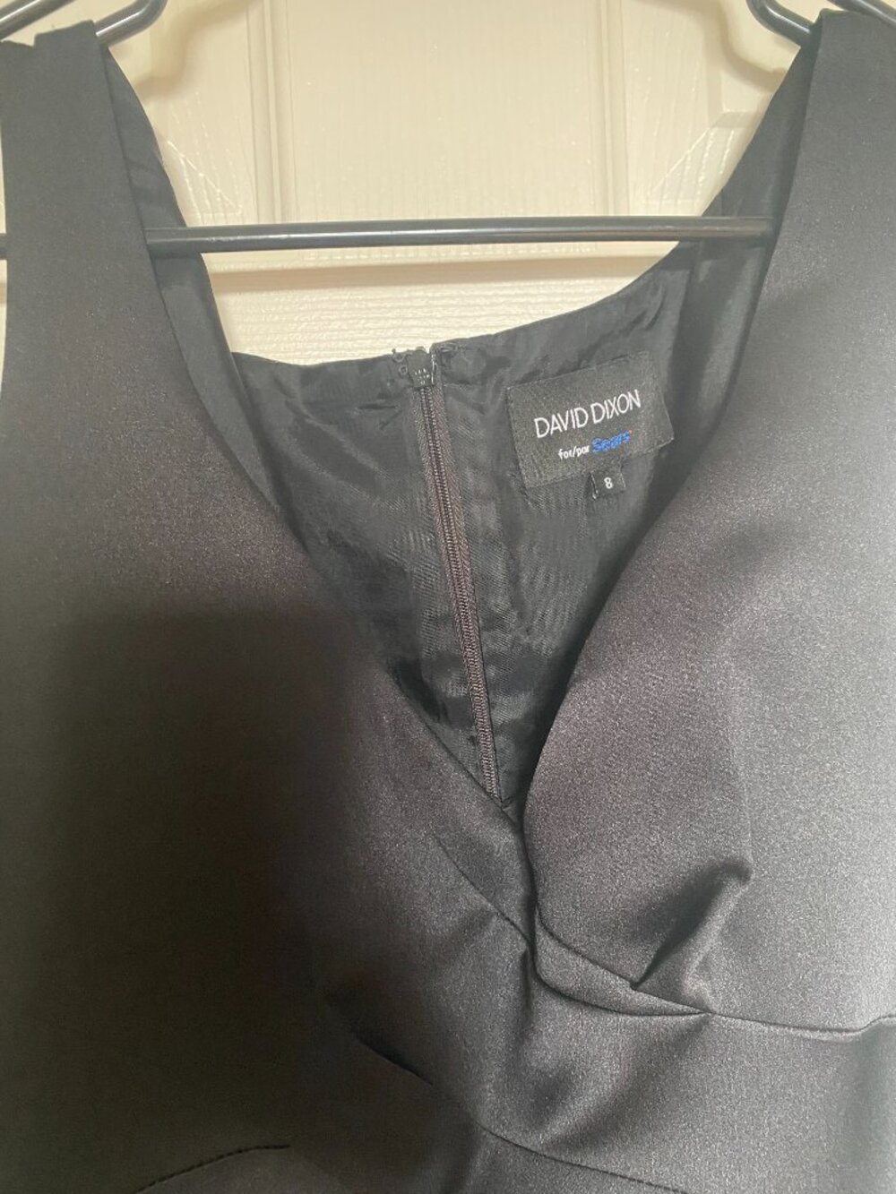 David Dixon for Sears Black Satin Pleated V-Neck Cocktail Dress Size 8